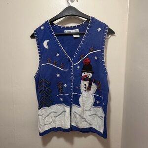 VTG Capacity Button Up Sweater Vest Ugly Christmas Embroidered Snowmen Large